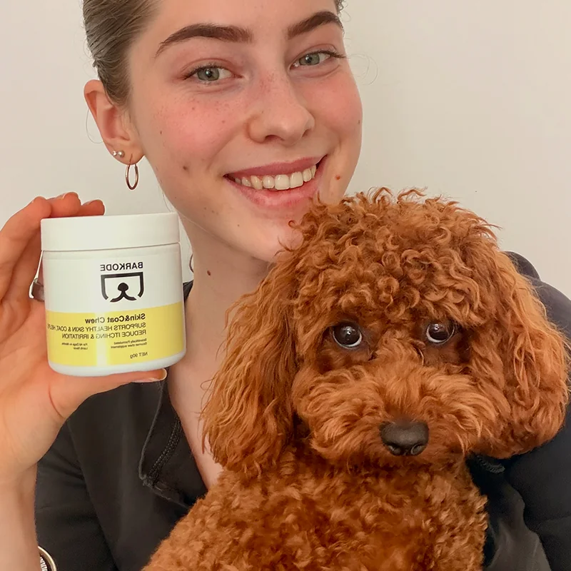 Majitelka drží dózu Skin & Coat Chew vedle svého červeného trpasličího pudla